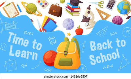 Back to school banner. Template for sale page design. Cartoon and colorful style. Backpack with flying elements: planets, microscope, globe, star, ruler, paint, books, paper, pencil.
