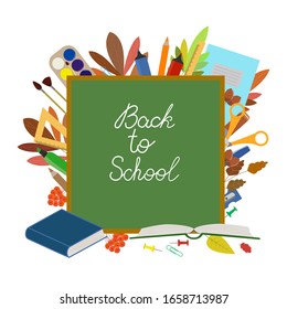 Back to school. Banner template, sale advertisement. Blackboard, lettering. Text Back to school. School supplies and autumn leaves at the blackboard. Flat cartoon icons. Colorful vector illustration