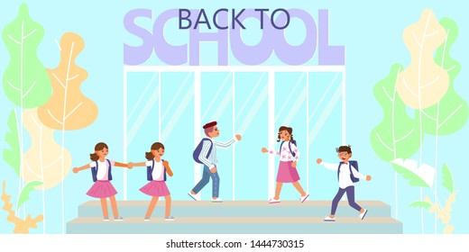 Back to school banner template. Schoolchildren go to school concept. Child go to education. Flat Art Vector illustration