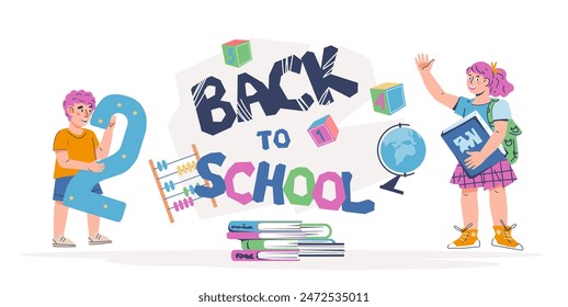 Back to school banner template with schoolchildren ready for school, cartoon flat vector illustration isolated on white background.