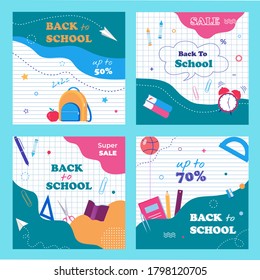 Back to school banner template set for social media, web, print. Sale flyers set with a modern abstract, notebook paper background and school items vector illustration.