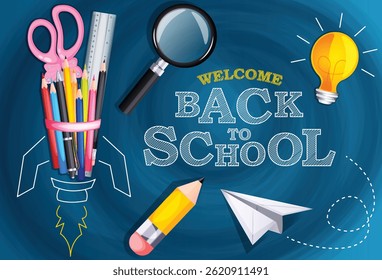 Back to School Banner Template with Stationery Rocket, Magnifying Glass, Light Bulb, Paper Plane, Pencil Against Chalkboard 