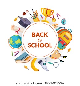 Back to School Banner Template, School Supplies Frame of Round Shape Cartoon Vector Illustration.