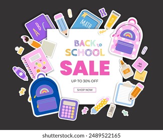 Back to school banner template with title and colorful elements school supplies. Vector illustration in flat style.