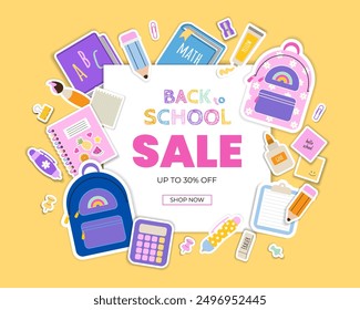 Back to school banner template with title and colorful elements school supplies. Vector illustration in flat style.