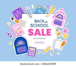 Back to school banner template with title and colorful elements school supplies. Vector illustration in flat style.