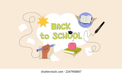 Back to school banner template. Vector illustrations of apple on book pile, clenched hand with pencil, and book with wings. Cartoon education poster or card. Editable stroke.