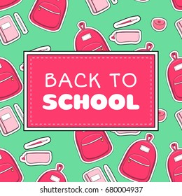 Back to school banner template vector. Cute girls concept with supplies and backpack. Background for sale shopping, web wallpaper or student college illustration.