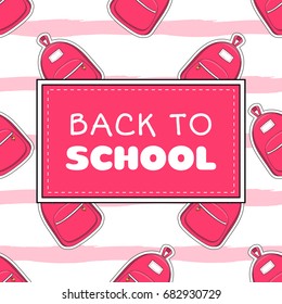 Back to school banner template vector. Cute girls concept with pink stripes and backpack. Background for sale shopping, web wallpaper or student college illustration.