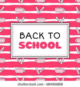 Back to school banner template vector. Pink girls concept with student supplies and stripes. Background for sale shopping, web wallpaper, university or college illustration. 