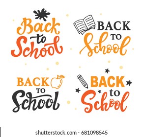 Back to school banner templates set with hand drawn ink modern calligraphy and doodles. Lettering logo badges, isolated on white. Vector illustration. Typography design elements.