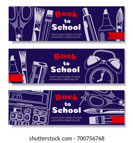 back to school, banner. Templates with supplies tools. Place for your text. Layered realistic 3d, vector.