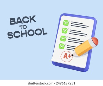 Back to school banner with test results on A. Time to school. Bright color banner with school supplies. Flying stationery on blue background. Good grades on paperwork. Study and learning. Advertising