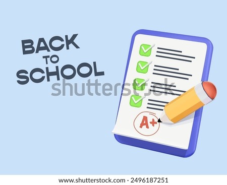 Back to school banner with test results on A. Time to school. Bright color banner with school supplies. Flying stationery on blue background. Good grades on paperwork. Study and learning. Advertising