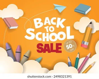 Back to school banner. Back to school text with educational supplies like pencil, crayon, books. Vector illustration