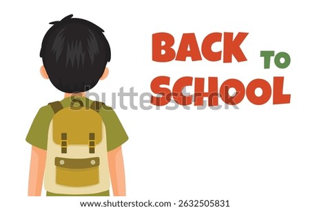 Back to school banner text and little schoolboy with backpack back view