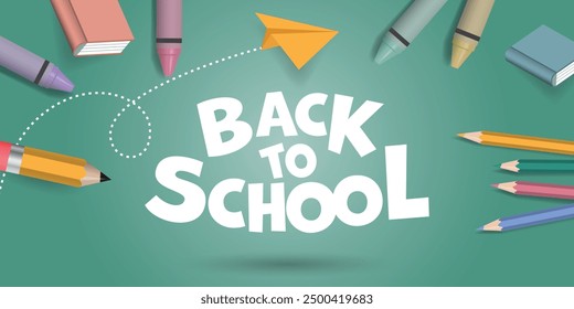 Back to school banner. Back to school text with school supplies such as pencils, crayons, and books. Vector illustration