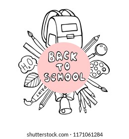 Back to School banner with texture from colorful line art icons of of education, science objects and office supplies on the notebook background.