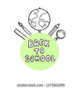 Back to School banner with texture from colorful line art icons of of education, science objects and office supplies on the notebook background.
