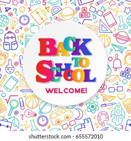 Back to School banner with texture from colorful line art icons of of education, science objects and office supplies on the notebook background.