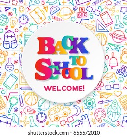 Back To School Banner With Texture From Colorful Line Art Icons Of Of Education, Science Objects And Office Supplies On The Notebook Background.