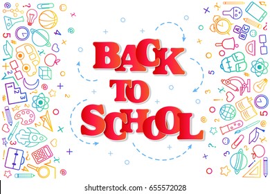 Back to School banner with texture from colorful line art icons of education, science objects and office supplies on the white background.