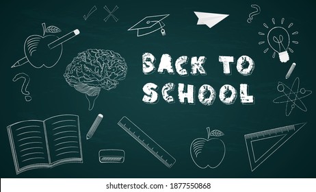 Back to School banner with texture from line art icons of education, science objects and office supplies on chalkboard background.
