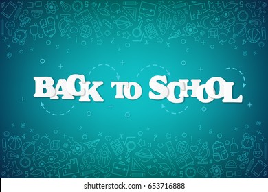 Back to School banner with texture from line art icons of education, science objects and office supplies on the green chalkboard background.