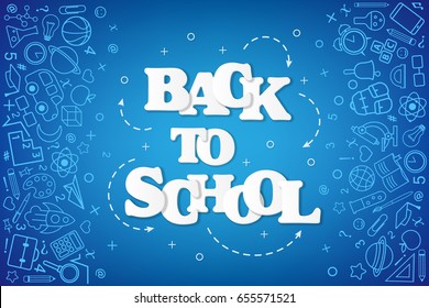 Back to School banner with texture from line art icons of education, science objects and office supplies on the blue background.