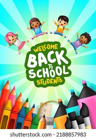 Back to School Banner that Welcomes Students to School with School Supplies and Students Playing. Vector Illustration. Template. Kids