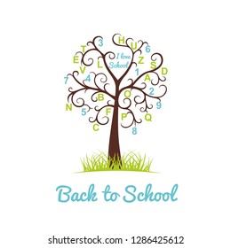 Back to school banner. Tree with letter and numbers