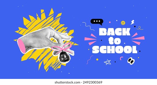 Back to school banner. Trending halftone collage style. Learning Concept. School bell ring with hand