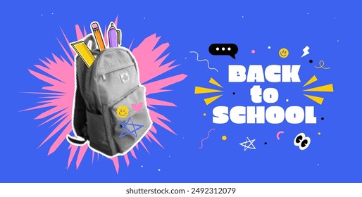 Back to school banner. Trending halftone collage style. Learning Concept. School backpack with stationery supplies