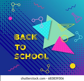 Back To School Banner In Trendy 90s Geometric Style With Lines And Triangles, Shapes, Text, Template For Flyer, Sale Concept, Bright Color Background Vector Illustration