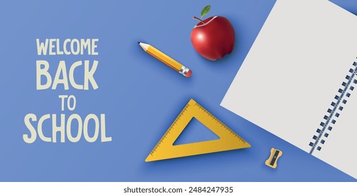 Back to School banner with triangle ruler, pencil, apple, notebook and pencil sharpener. Welcome Back to School vector for  education background, flyer, website, sale, promo, discount, social media.