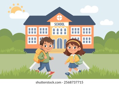 Back to school banner. Two school children going to school with backpacks. Illustration in flat style.