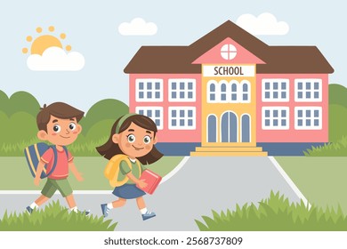 Back to school banner. Two school children going to school with backpacks. Illustration in flat style.