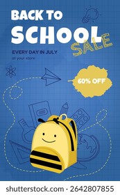 Back to School banner with typography and school supplies elements, bee-themed backpack, 60% OFF badge, blue graph paper background. Vector design template for poster, card, sale, party invitation