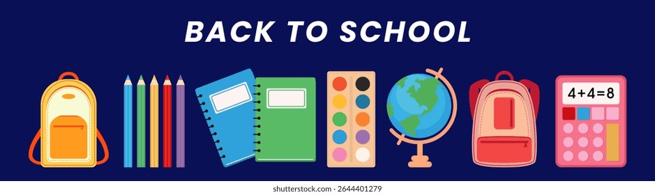 Back to school banner with various school supplies. Education concept with backpack, pencils, and books for learning. Vector.
