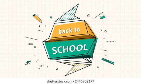 Back to school banner vector background. Education concept with design shape elements in explosion, on grid paper page. Welcome back to study illustration in retro modern geometric style.