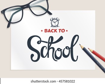 Back to school banner. Vector background with glasses, pencils and lettering.