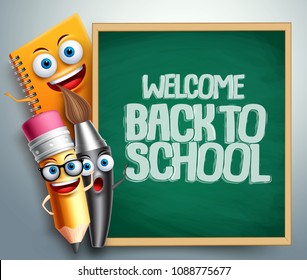 Back to school banner with vector cartoon characters and education items like chalkboard with space for text. Vector illustration background template.
