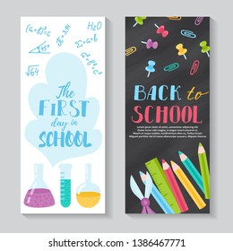 Back to school banner. Vector school chalkboard background with color pencil. Hand drawn doodle illustration for flyer, card and invitation