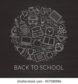 Back to school banner. Vector chalkboard background with education line icons and place for text.