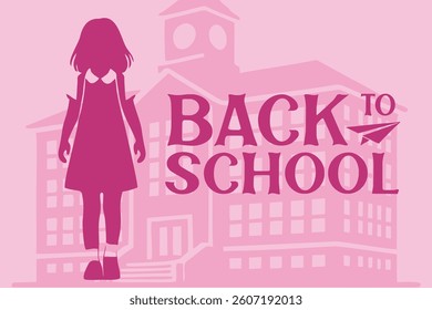 Back to school banner. Vector creative poster with back to school lettering logo and student silhouettes and school building. Education concept.