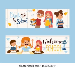 Back to school banner, vector illustration. Happy children with books, friendly classmates. School education booklet header. Boys and girls cartoon characters, smiling kids studying in classroom