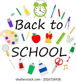 Volver a la ilustración vectorial de banner escolar. Tarjeta de saludo de suministros escolares de educación