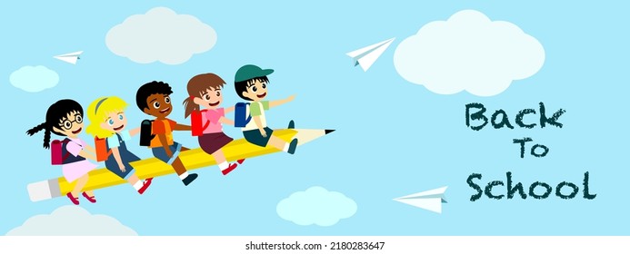 Back to school banner vector illustration, happy five student children flying with pencil on blue sky, group of multi ethnic kid friends have funny together, diversity inclusion education concept.