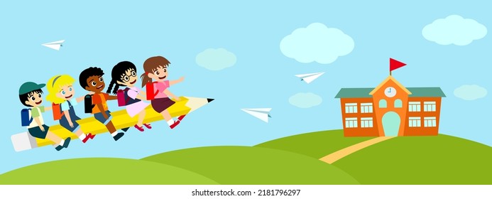 Back to school banner vector illustration, happy five student children fly to school with pencil on blue sky with cloud, group of multi ethnic friends funny together, diversity kid education.