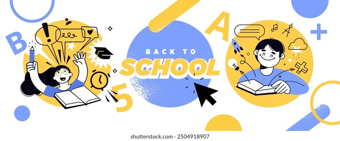 Back to school banner. Vector illustration of education, learning, back to school, online course and training, distance education and e-learning.